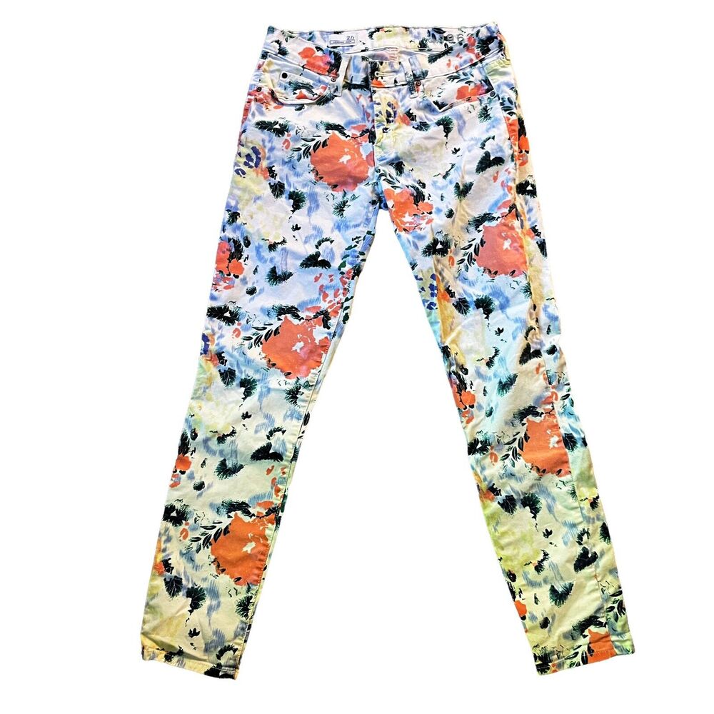 Gap 1969 Legging Skinny Jeans Sz 27 Floral Print W White Blue Coral Summer Pants